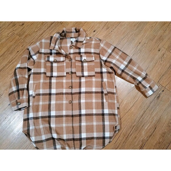 Time And Tru Jacket Womens 3XL Tan White Plaid Shacket Flap Pockets Button Up - Picture 2 of 7